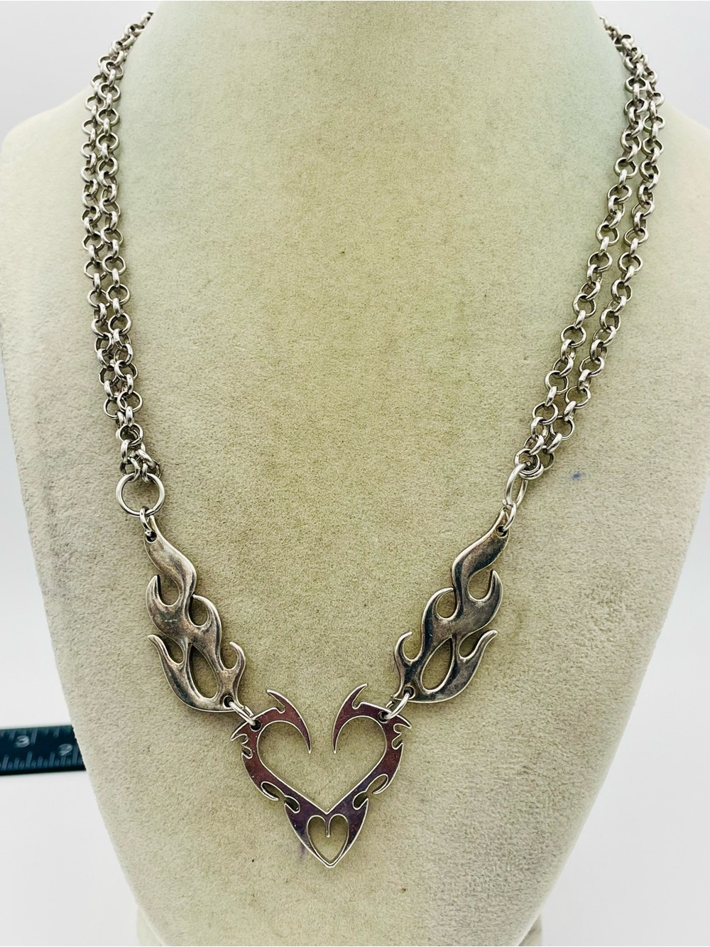 Gothic Silver-Tone Hollow Heart with Flame Necklace. 18 inch/2 inch Extender